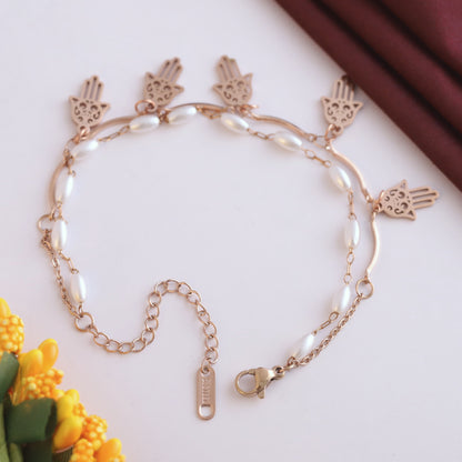 Hamza Charms & Pearl Chain Bracelet Gold Plated – Double Layer, Anti-Tarnish, Waterproof, Minimalist Style (ROSE GOLD)