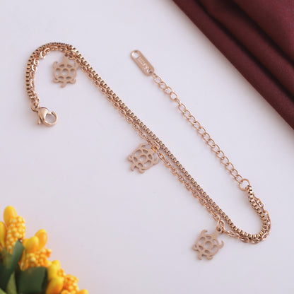 Turtle Charms Chain Bracelet Gold Plated – Double Layer, Anti-Tarnish, Waterproof, Minimalist Style (ROSE GOLD)