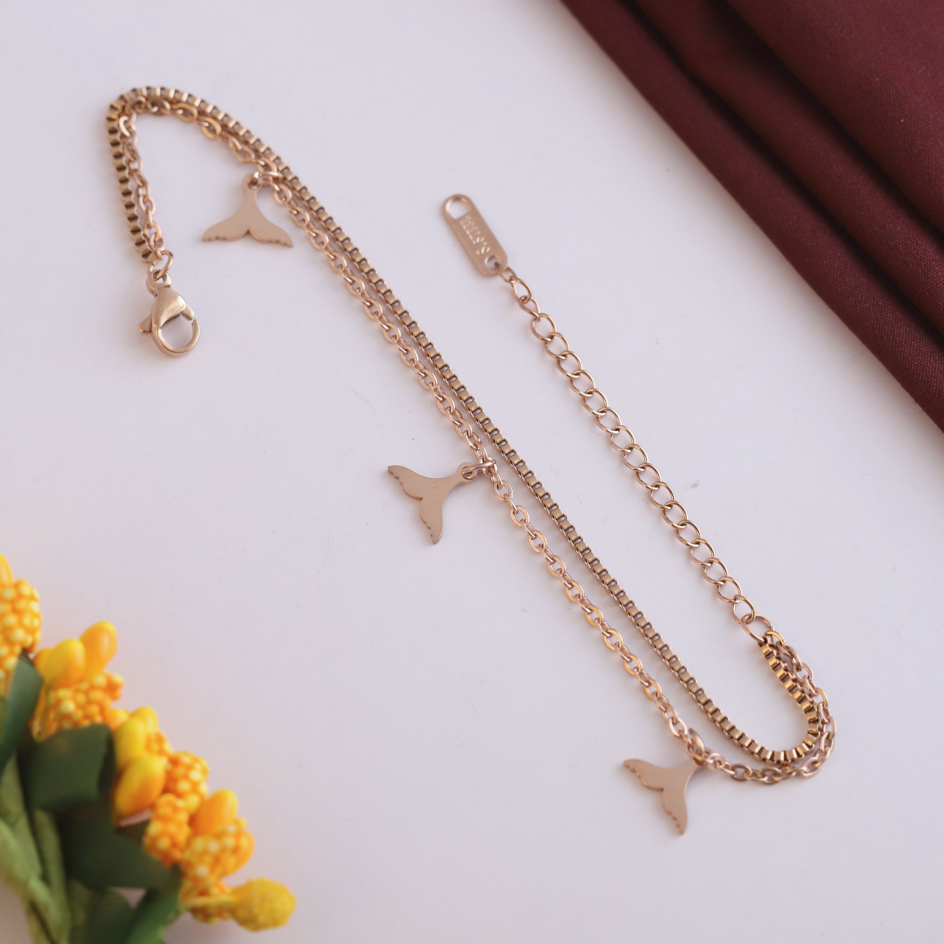 Fish Wings Charm & Pearl Chain Bracelet Gold Plated – Double Layer, Anti-Tarnish, Waterproof, Minimalist Style (ROSE GOLD)