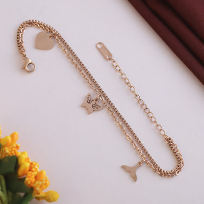 Butterfly & Heart Charms & Pearl Chain Bracelet Gold Plated – Double Layer, Anti-Tarnish, Waterproof, Minimalist Style (ROSE GOLD)