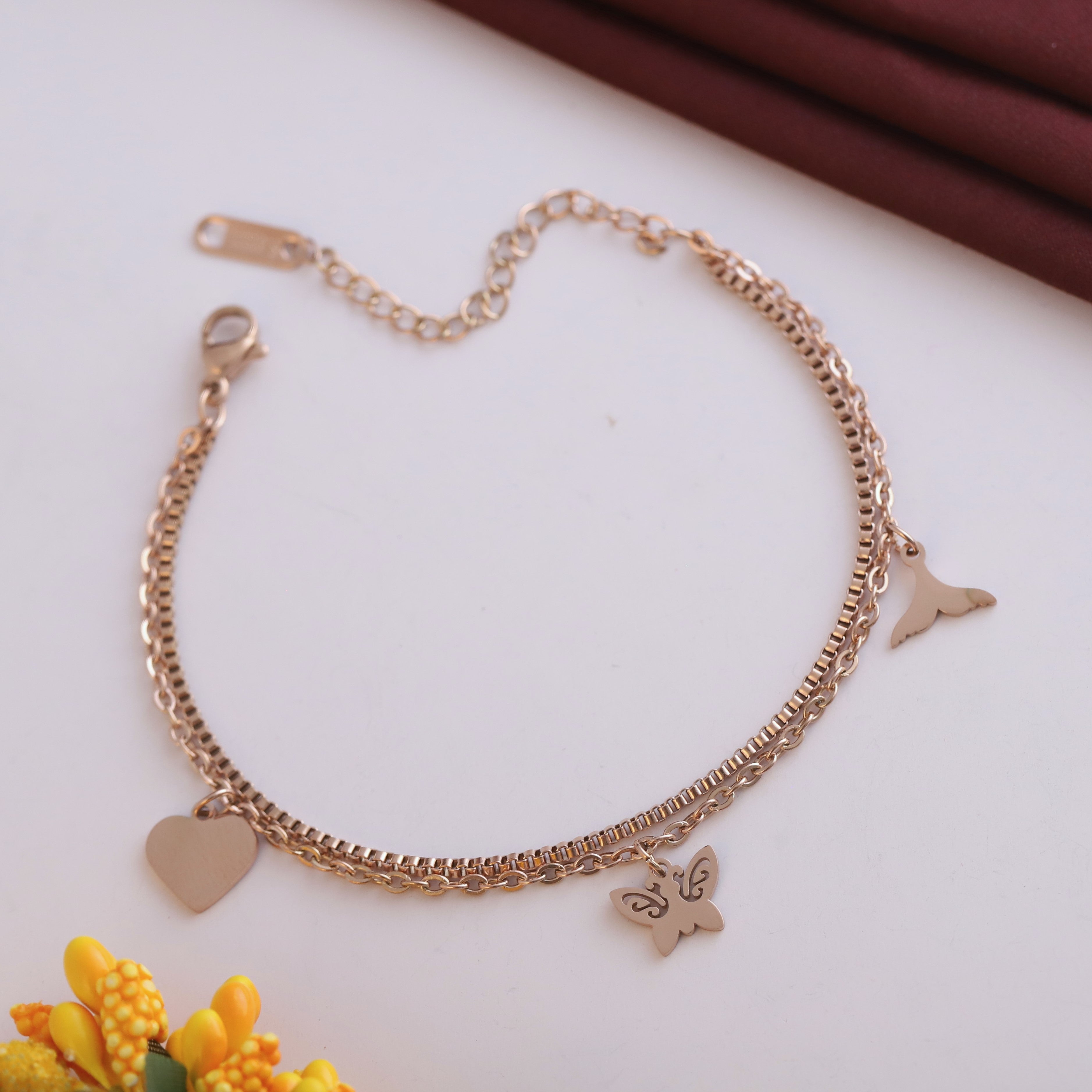 Butterfly & Heart Charms & Pearl Chain Bracelet Gold Plated – Double Layer, Anti-Tarnish, Waterproof, Minimalist Style (ROSE GOLD)
