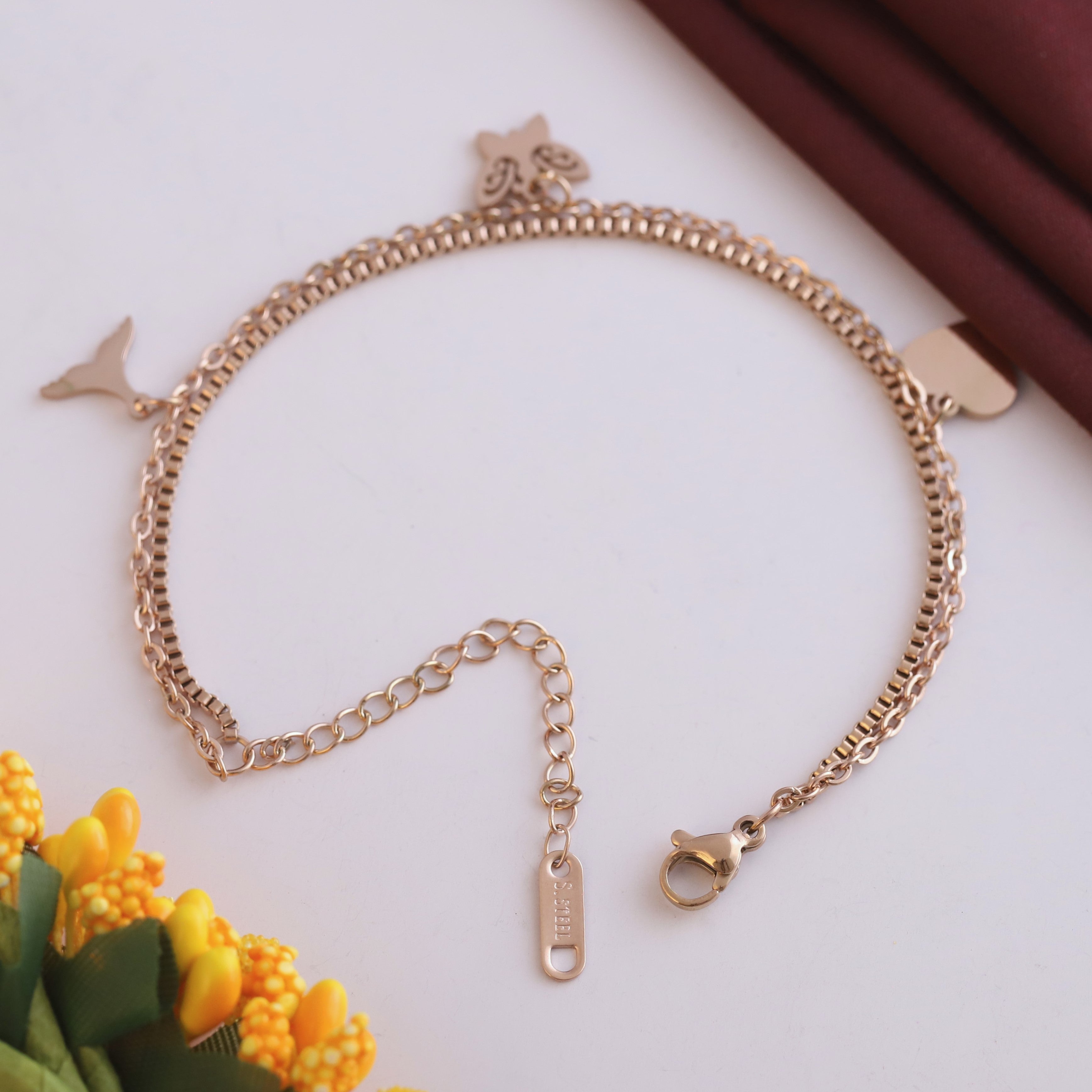Butterfly & Heart Charms & Pearl Chain Bracelet Gold Plated – Double Layer, Anti-Tarnish, Waterproof, Minimalist Style (ROSE GOLD)