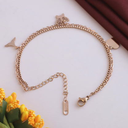 Butterfly & Heart Charms & Pearl Chain Bracelet Gold Plated – Double Layer, Anti-Tarnish, Waterproof, Minimalist Style (ROSE GOLD)