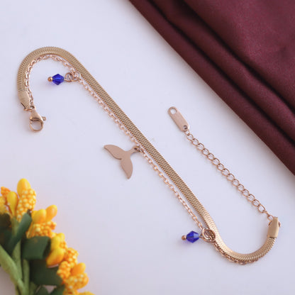 Fish Wings Charm & Pearl Chain Bracelet Gold Plated – Double Layer, Anti-Tarnish, Waterproof, Minimalist Style (ROSE GOLD)