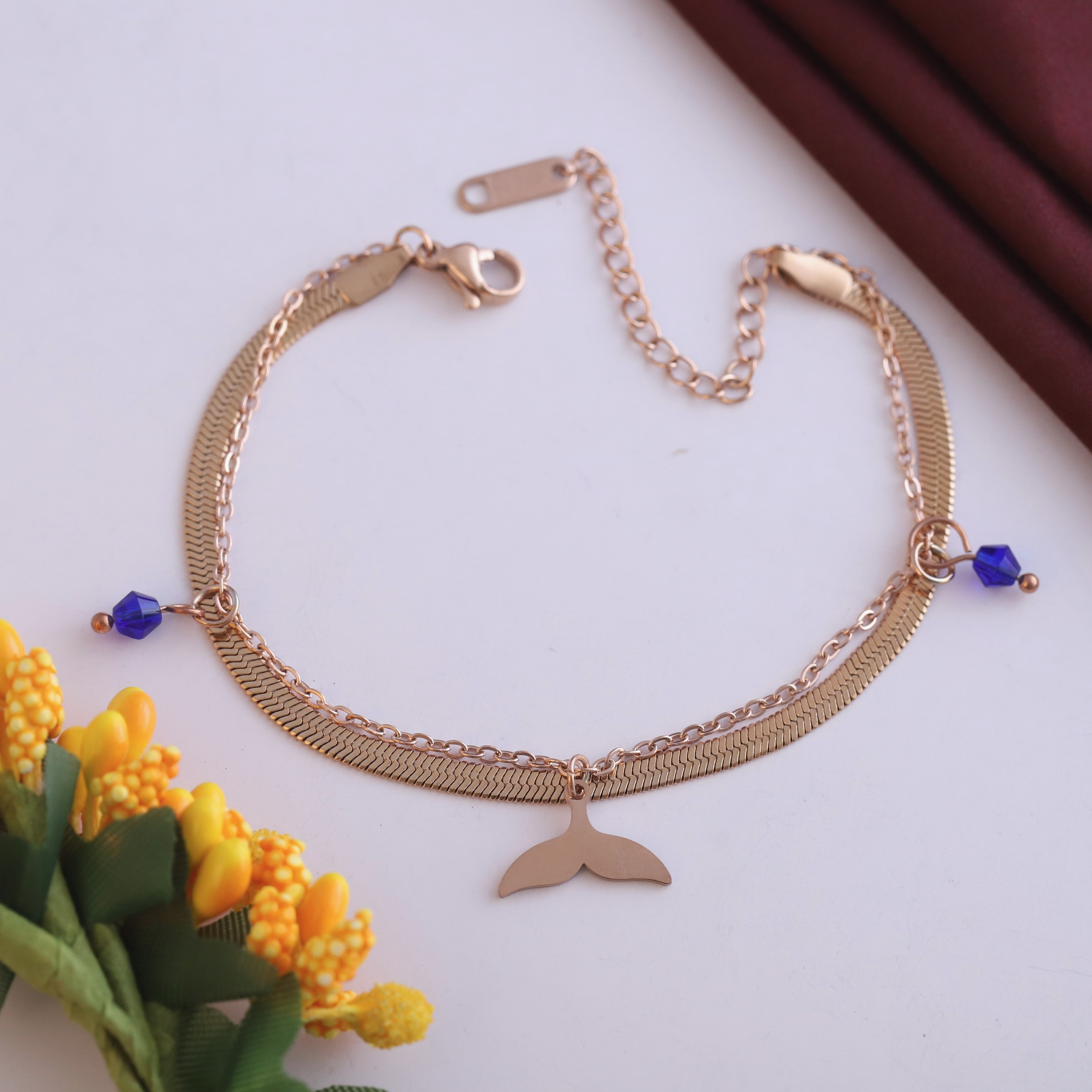 Fish Wings Charm & Pearl Chain Bracelet Gold Plated – Double Layer, Anti-Tarnish, Waterproof, Minimalist Style (ROSE GOLD)