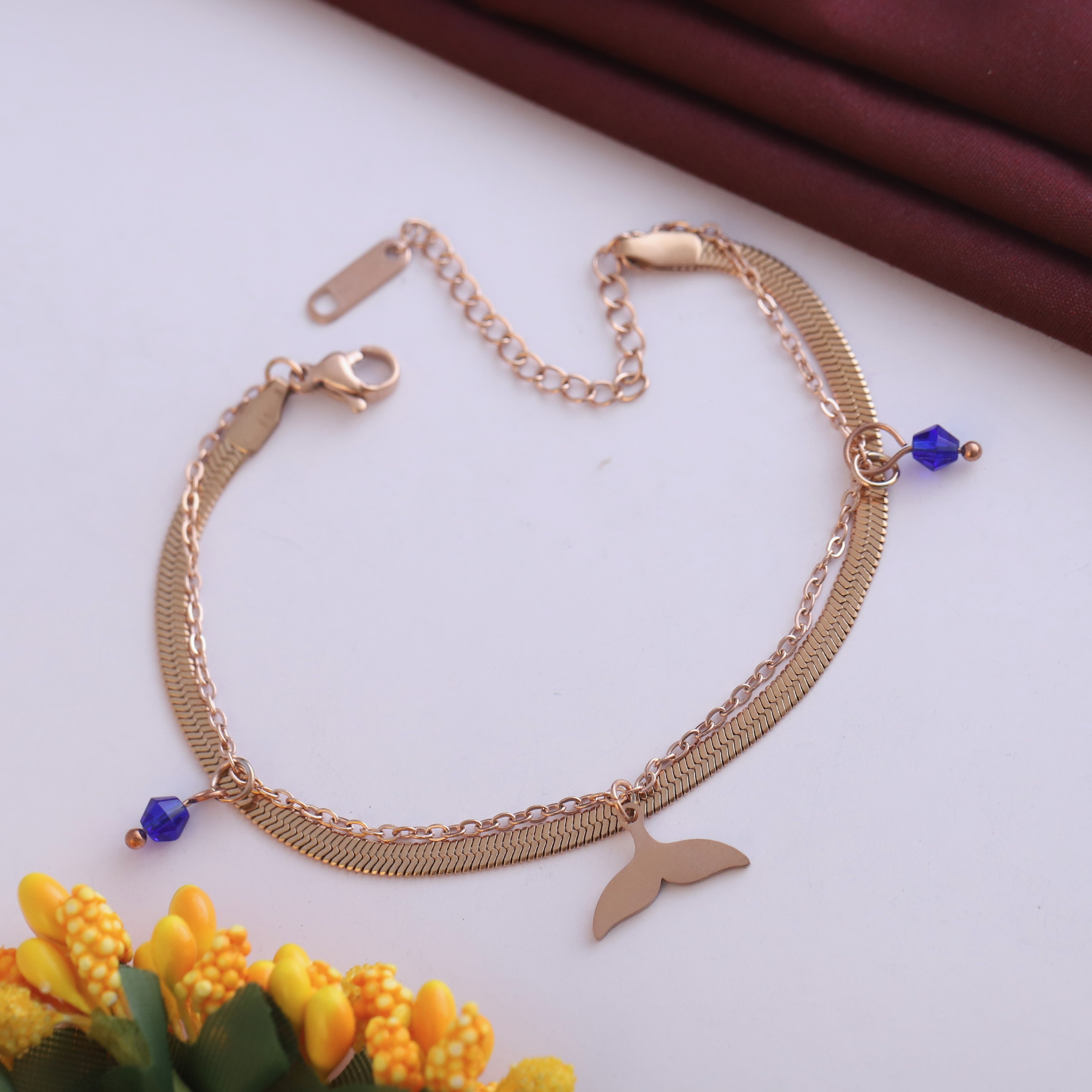 Fish Wings Charm & Pearl Chain Bracelet Gold Plated – Double Layer, Anti-Tarnish, Waterproof, Minimalist Style (ROSE GOLD)