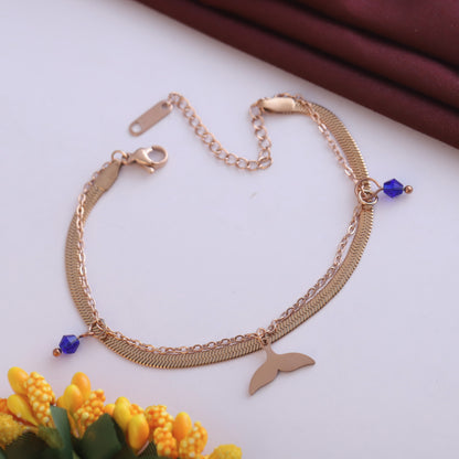 Fish Wings Charm & Pearl Chain Bracelet Gold Plated – Double Layer, Anti-Tarnish, Waterproof, Minimalist Style (ROSE GOLD)