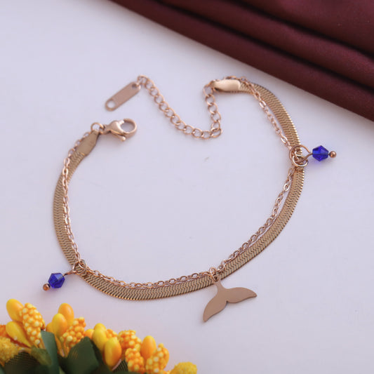 Fish Wings Charm & Pearl Chain Bracelet Gold Plated – Double Layer, Anti-Tarnish, Waterproof, Minimalist Style (ROSE GOLD)