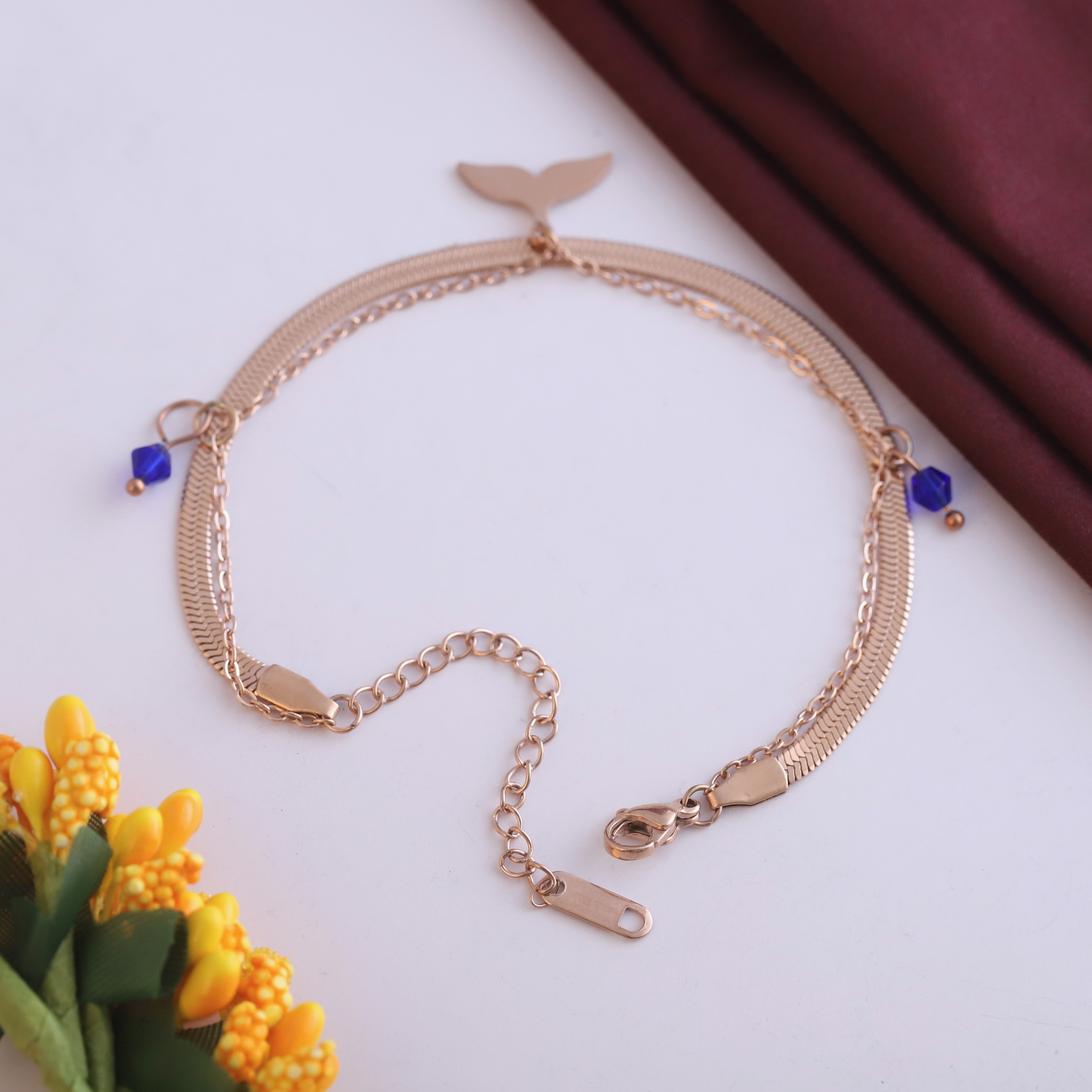 Fish Wings Charm & Pearl Chain Bracelet Gold Plated – Double Layer, Anti-Tarnish, Waterproof, Minimalist Style (ROSE GOLD)