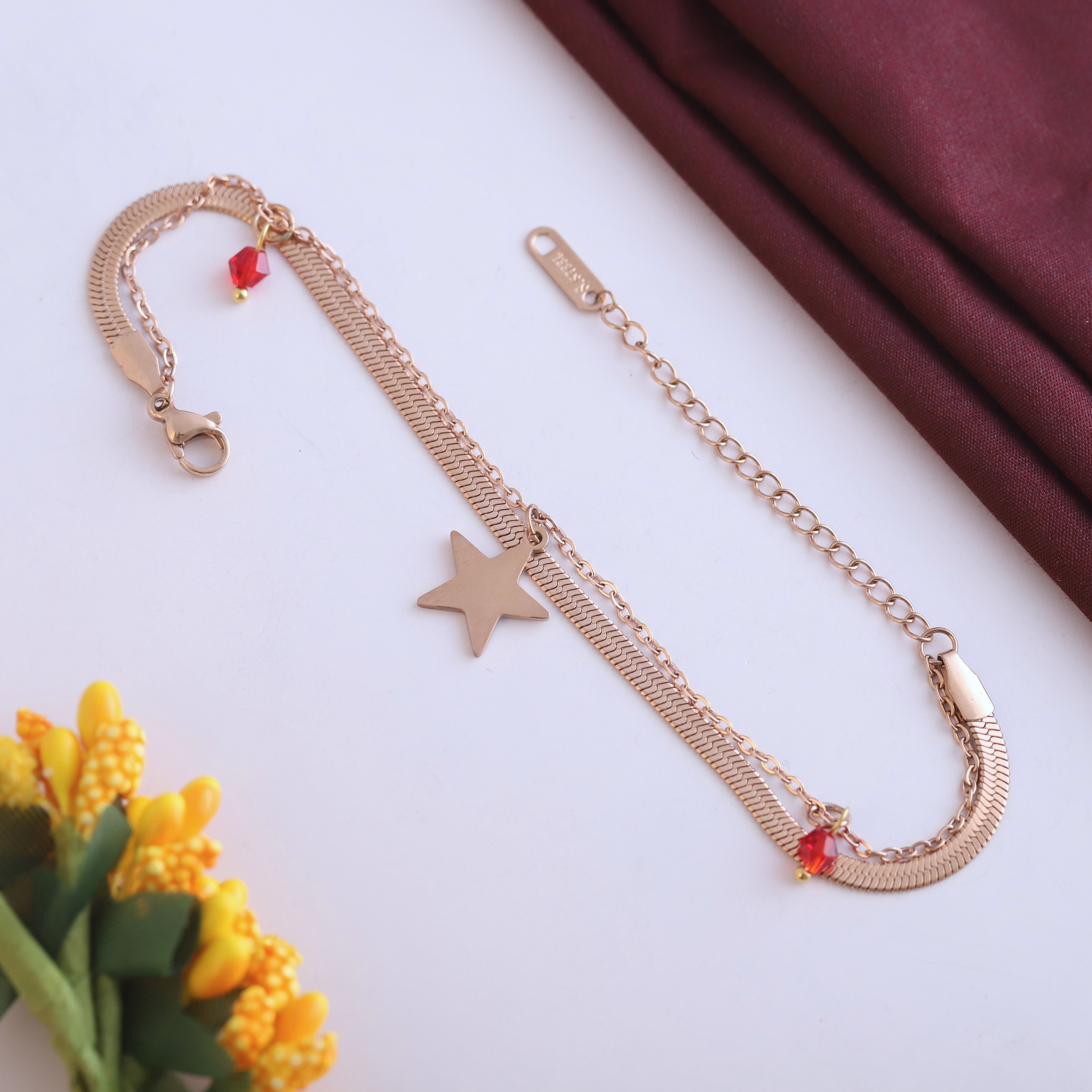 Star Chain Bracelet Gold Plated – Double Layer, Anti-Tarnish, Waterproof, Minimalist Style (ROSE GOLD)