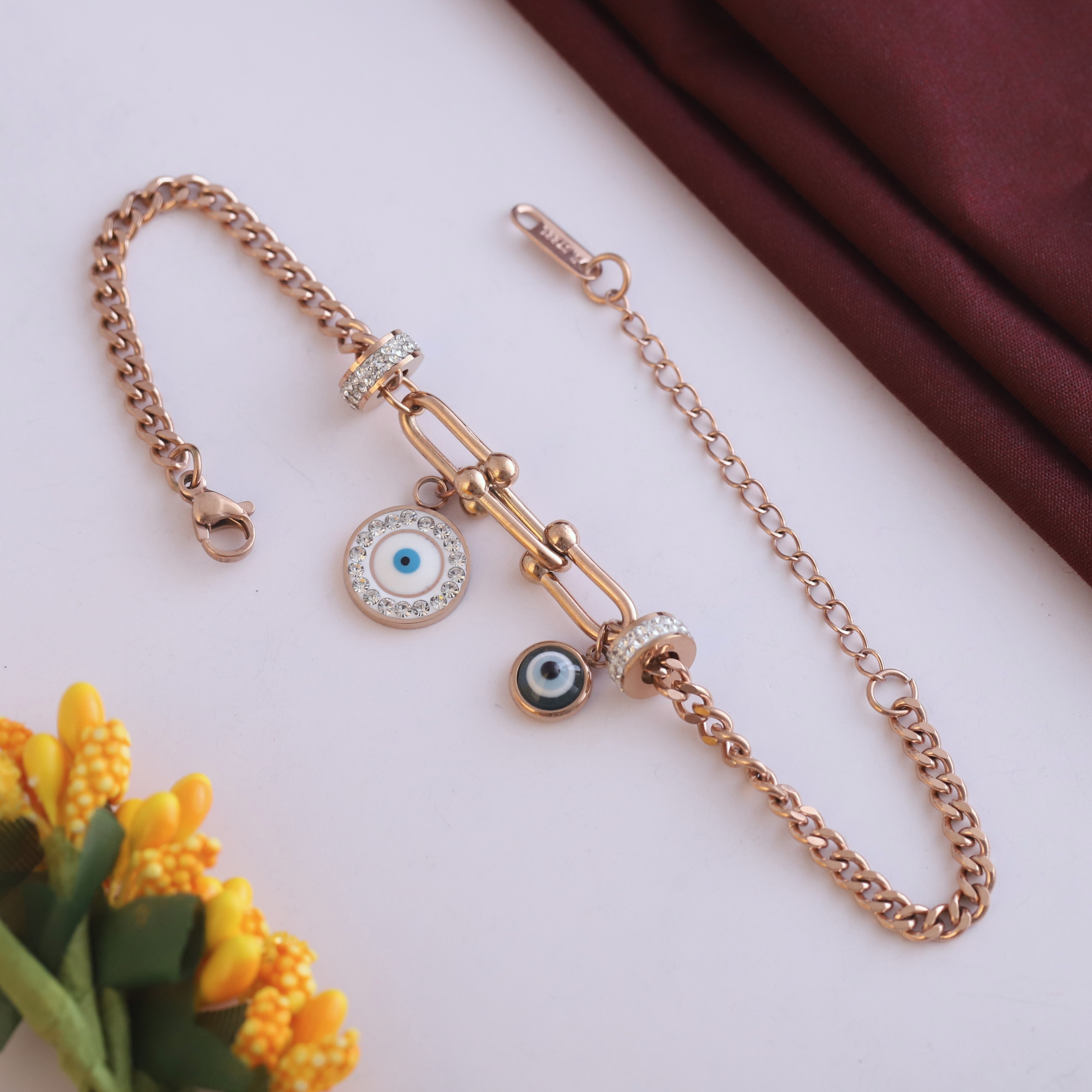 Evil Eye Chain Bracelet Gold Plated – Single Layer, Anti-Tarnish, Waterproof(ROSE GOLD)