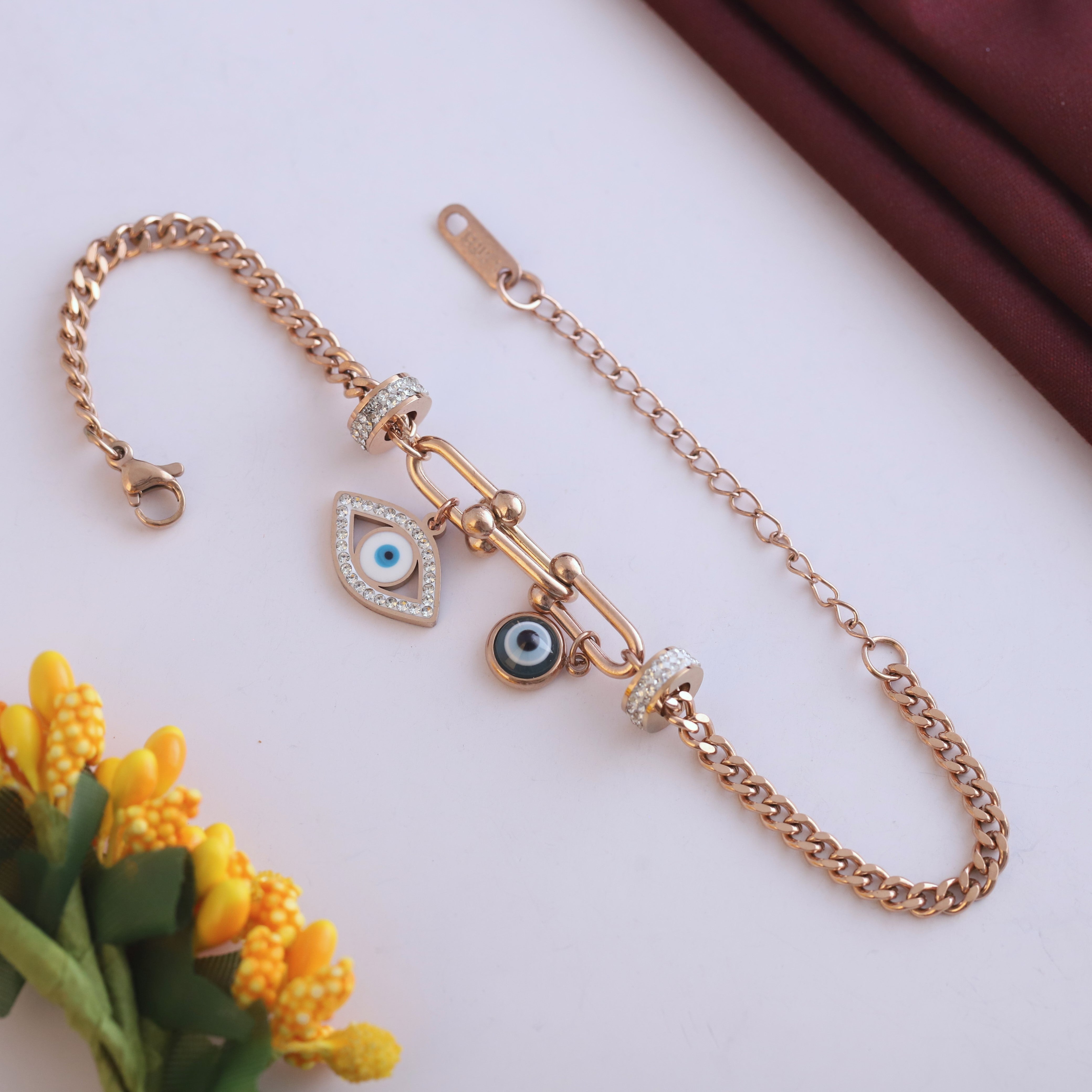 Evil Eye Chain Bracelet Gold Plated – Single Layer, Anti-Tarnish, Waterproof(ROSE GOLD)