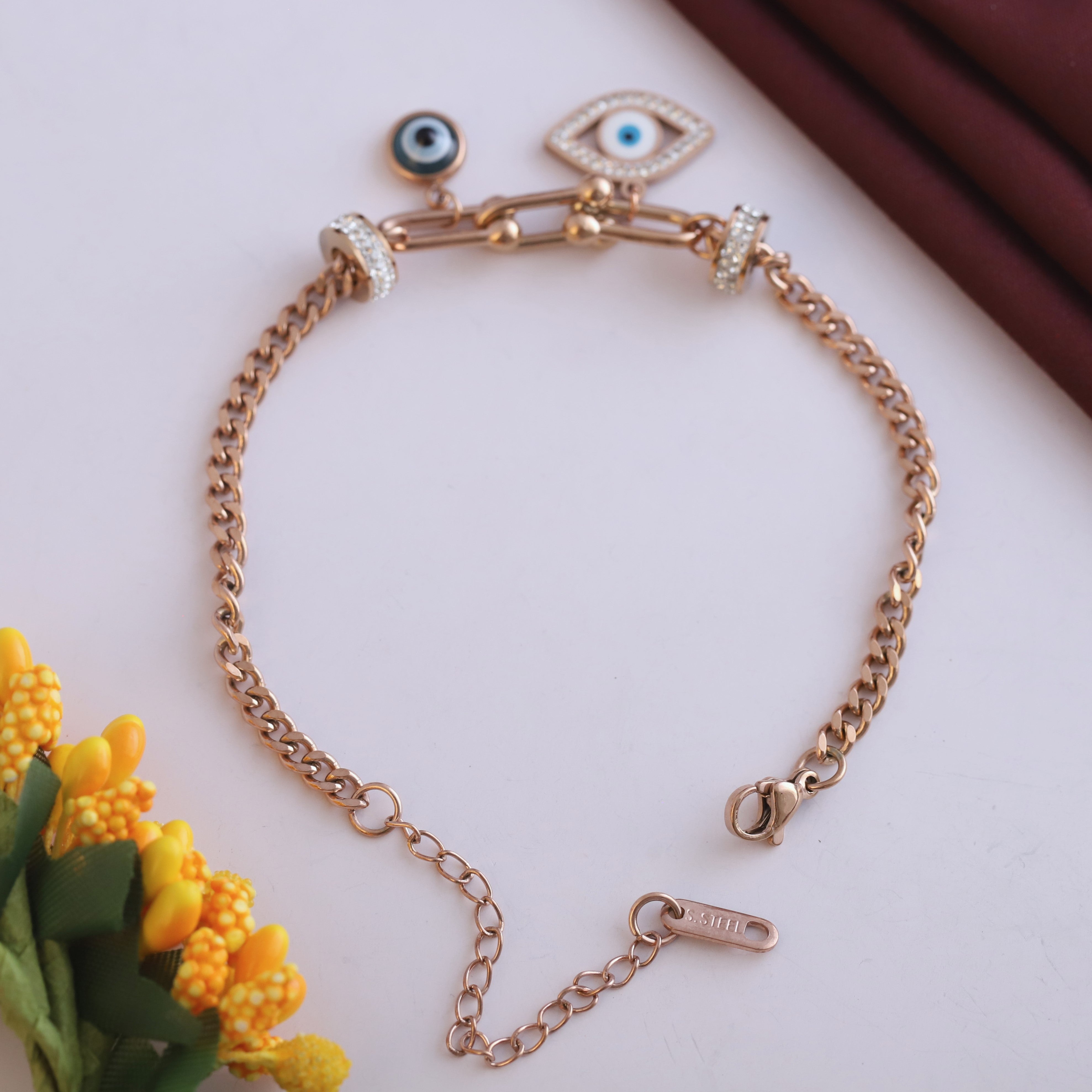 Evil Eye Chain Bracelet Gold Plated – Single Layer, Anti-Tarnish, Waterproof(ROSE GOLD)