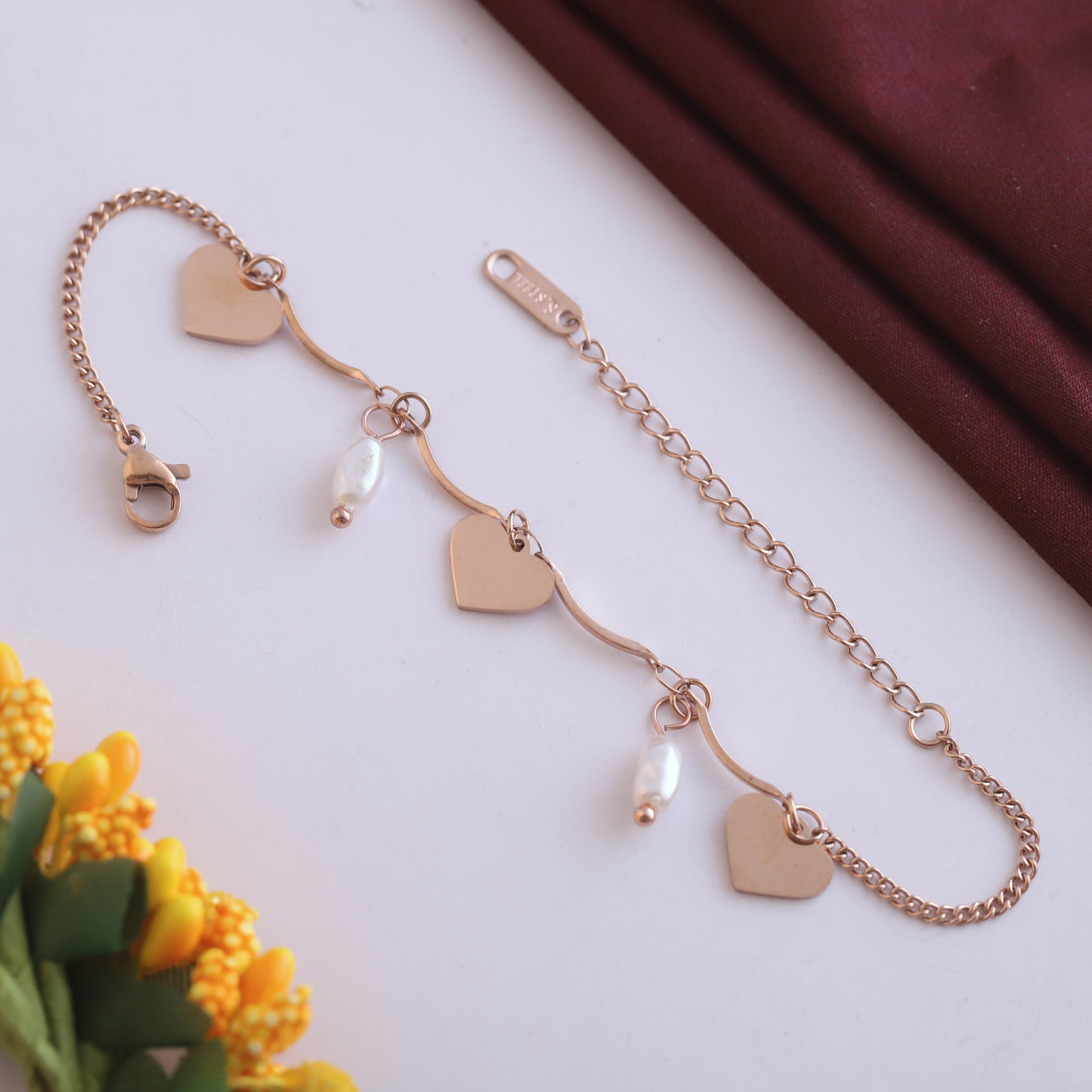 Heart Charm & Pearl Chain Bracelet Gold Plated – Single Layer, Anti-Tarnish, Waterproof, Minimalist Style (ROSE GOLD)