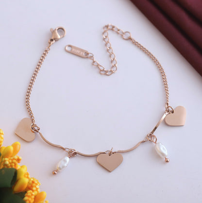 Heart Charm & Pearl Chain Bracelet Gold Plated – Single Layer, Anti-Tarnish, Waterproof, Minimalist Style (ROSE GOLD)