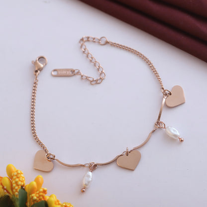 Heart Charm & Pearl Chain Bracelet Gold Plated – Single Layer, Anti-Tarnish, Waterproof, Minimalist Style (ROSE GOLD)