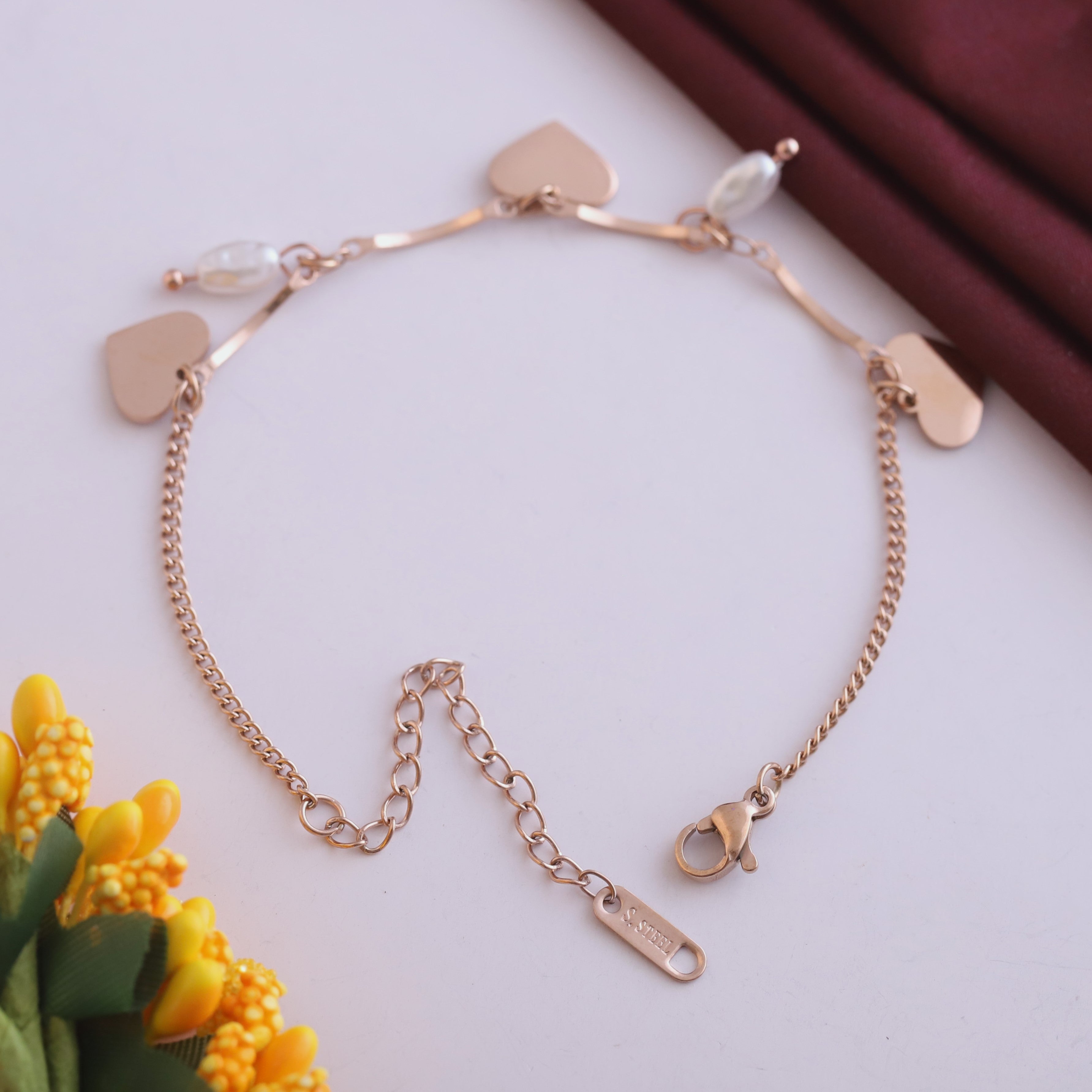 Heart Charm & Pearl Chain Bracelet Gold Plated – Single Layer, Anti-Tarnish, Waterproof, Minimalist Style (ROSE GOLD)