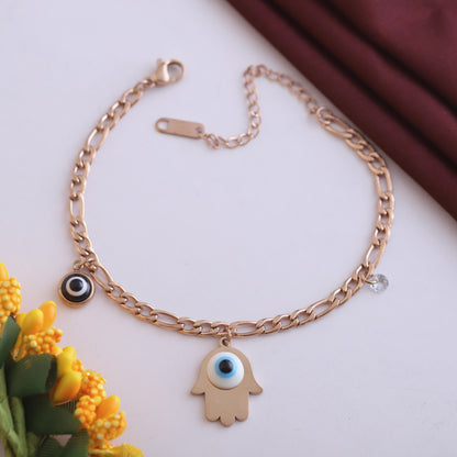 Hamza & Evil Eye Chain Bracelet Gold Plated – Single Layer, Anti-Tarnish, Waterproof(ROSE GOLD)