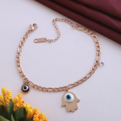 Hamza & Evil Eye Chain Bracelet Gold Plated – Single Layer, Anti-Tarnish, Waterproof(ROSE GOLD)