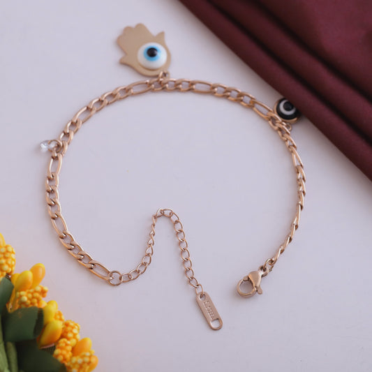 Hamza & Evil Eye Chain Bracelet Gold Plated – Single Layer, Anti-Tarnish, Waterproof(ROSE GOLD)