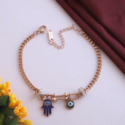 Hamza & Evil Eye Chain Bracelet Gold Plated – Single Layer, Anti-Tarnish, Waterproof(ROSE GOLD)