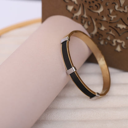 Men’s Luxury Stainless Steel Mesh Inlay Bracelet – Gold Plated with Black Textured Panel & Silver Accents