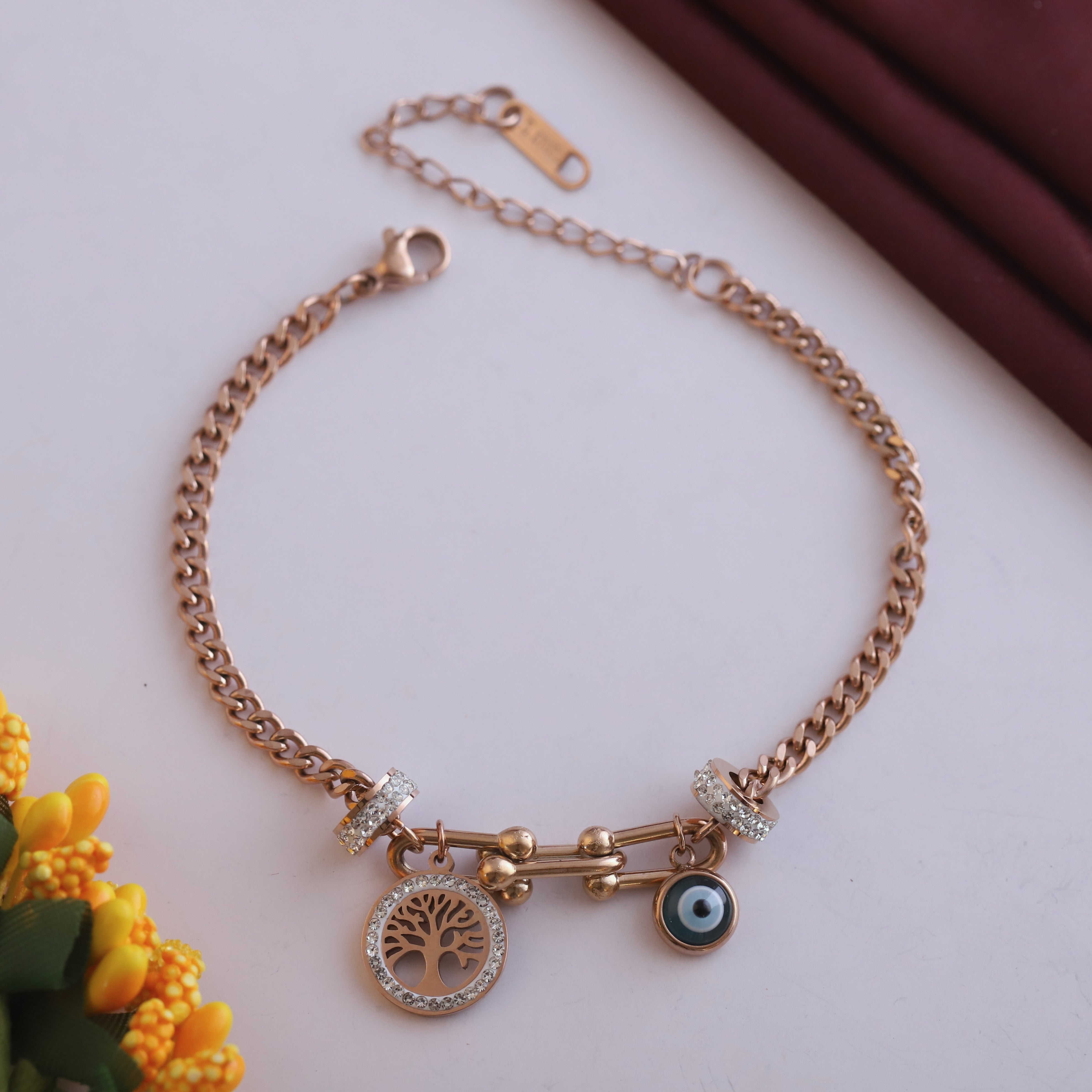 Evil Eye Chain Bracelet Gold Plated – Single Layer, Anti-Tarnish, Waterproof(ROSE GOLD)