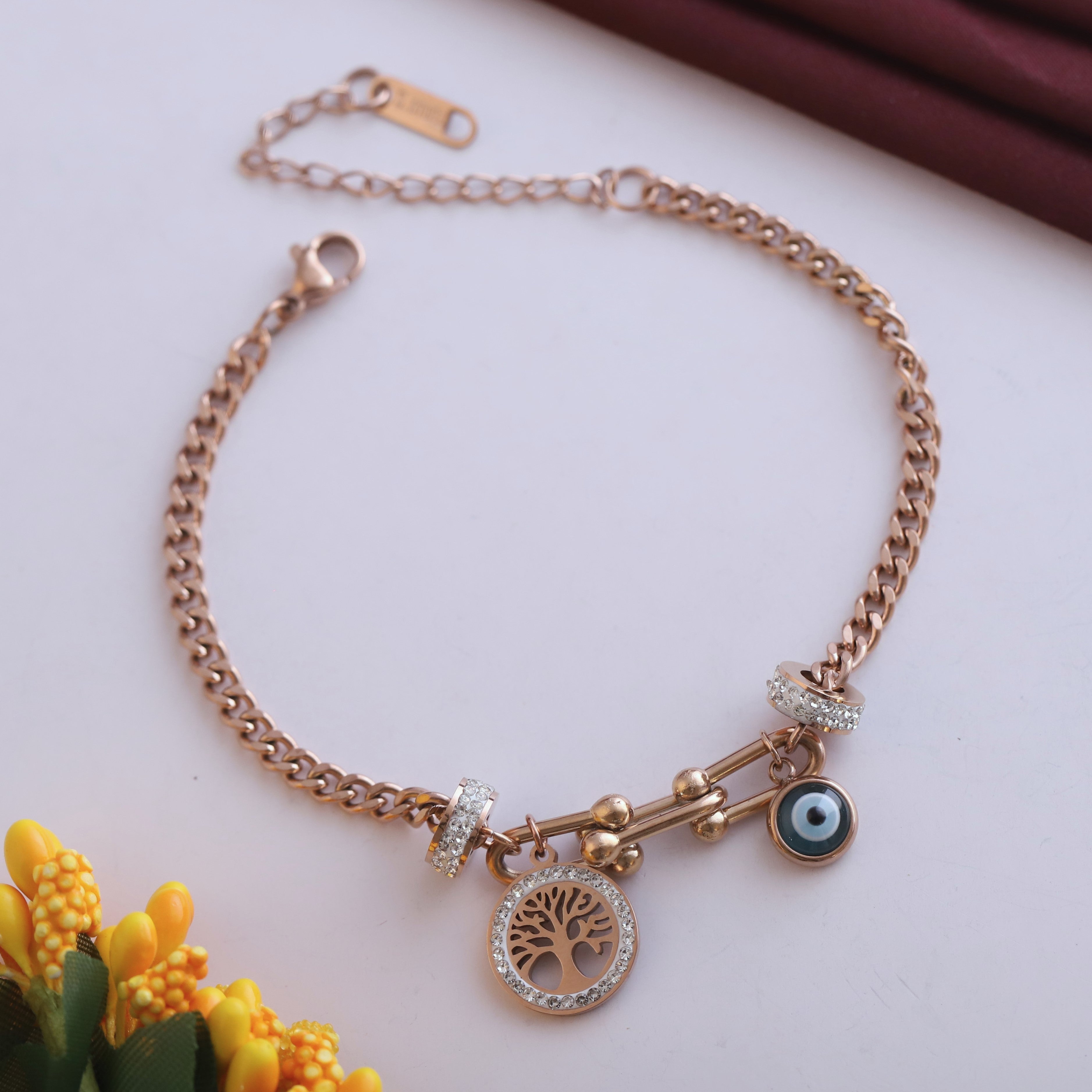Evil Eye Chain Bracelet Gold Plated – Single Layer, Anti-Tarnish, Waterproof(ROSE GOLD)