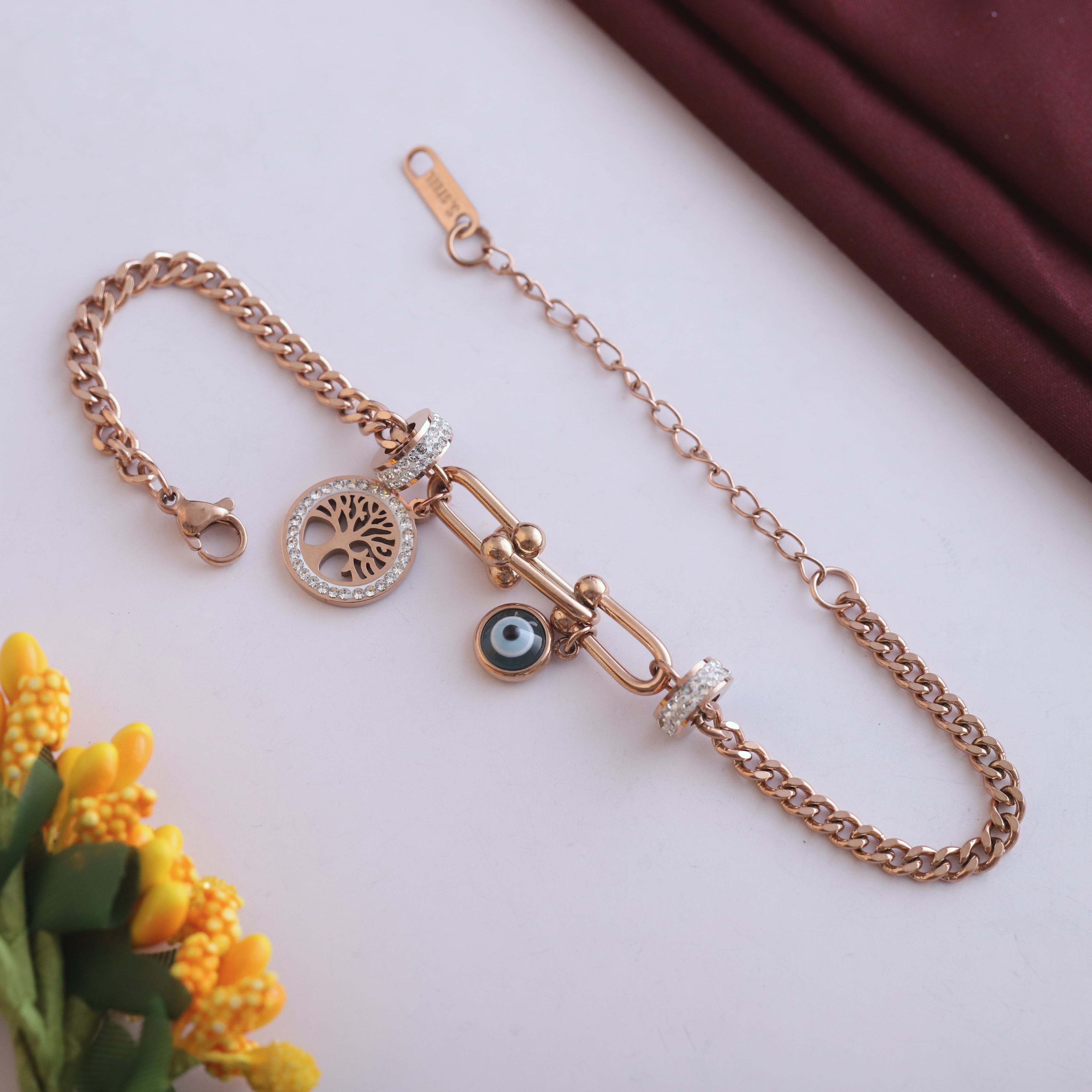Evil Eye Chain Bracelet Gold Plated – Single Layer, Anti-Tarnish, Waterproof(ROSE GOLD)