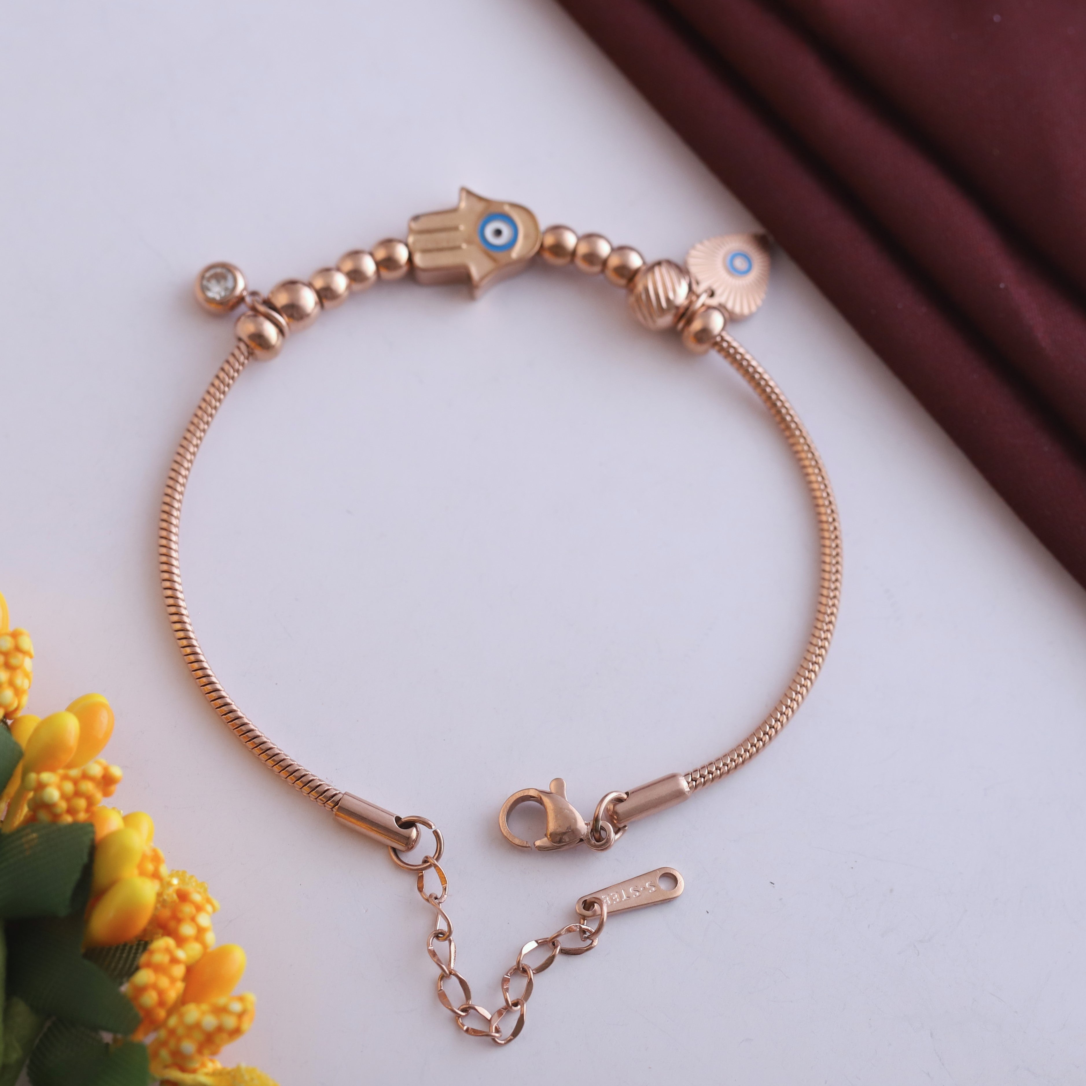 Hamza Evil Eye Chain Bracelet Gold Plated – Single Layer, Anti-Tarnish, Waterproof(ROSE GOLD)