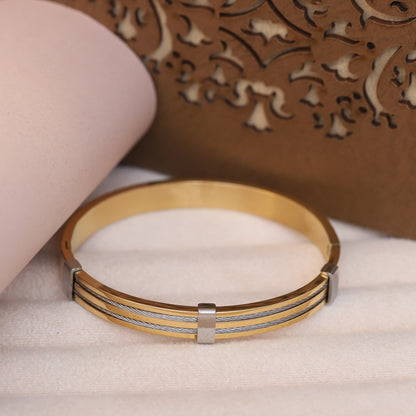 Men's Premium Stainless Steel & 18K Gold-Plated Cable Bracelet – Modern Bangle Style with Triple Twisted Silver Wire Inlay – Elegant and Durable Wristwear for Daily & Formal Use
