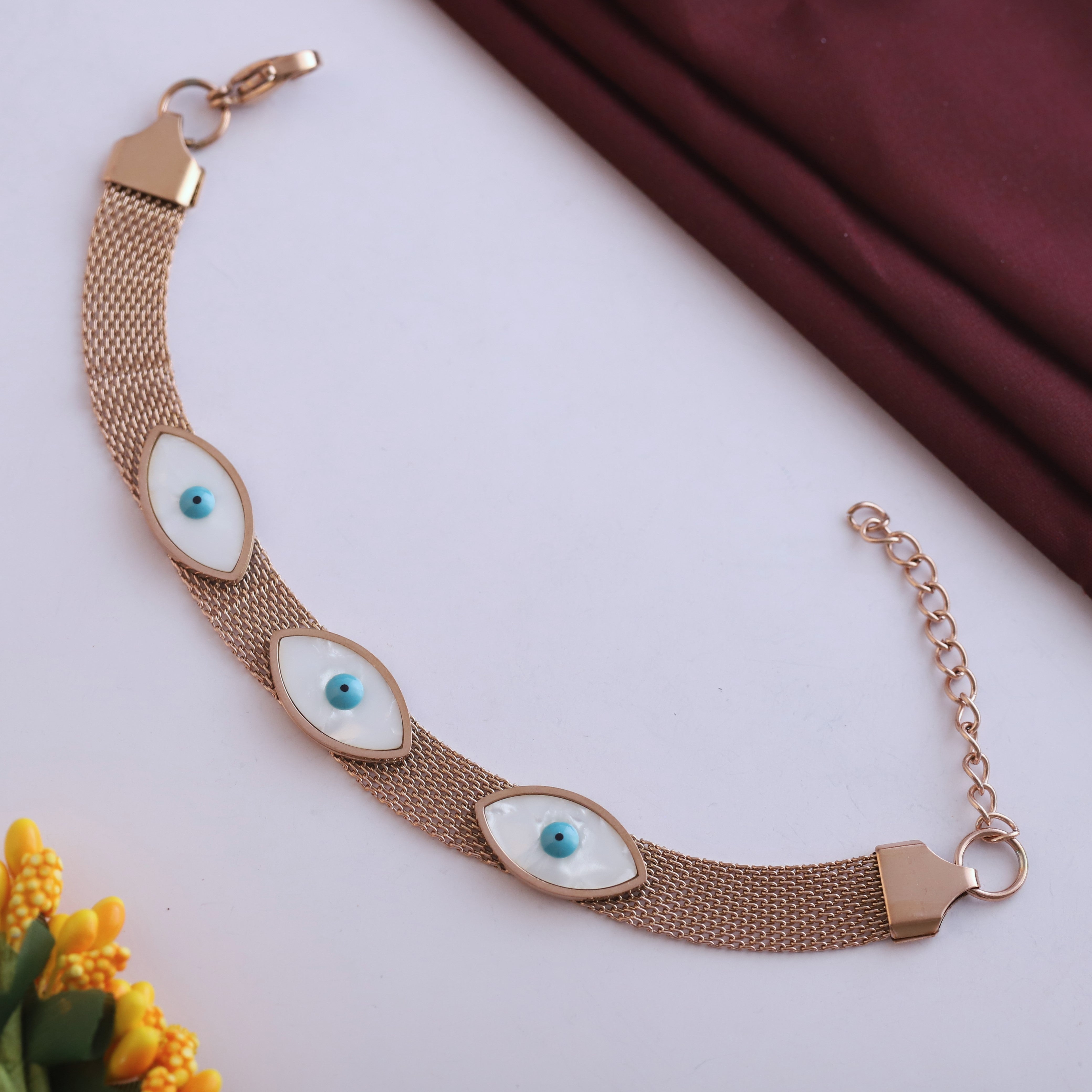Evil Eye Honey Comb Chain Bracelet Gold Plated – Single Layer, Anti-Tarnish, Waterproof (ROSE GOLD)
