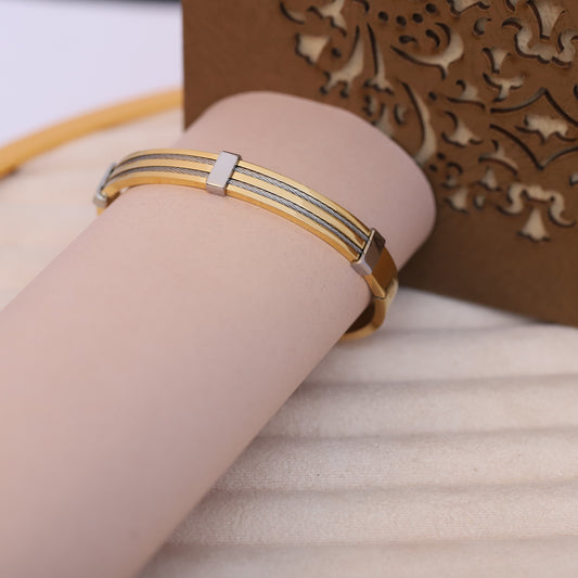 Men's Premium Stainless Steel & 18K Gold-Plated Cable Bracelet – Modern Bangle Style with Triple Twisted Silver Wire Inlay – Elegant and Durable Wristwear for Daily & Formal Use