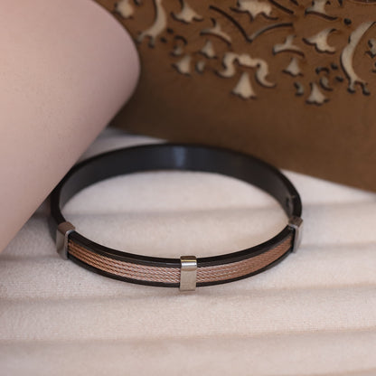 Men’s Black Stainless Steel Bracelet with Braided Copper Cable Inlay – Modern Industrial Cuff with Magnetic Clasp