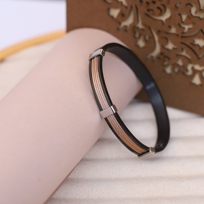 Men’s Black Stainless Steel Bracelet with Braided Copper Cable Inlay – Modern Industrial Cuff with Magnetic Clasp