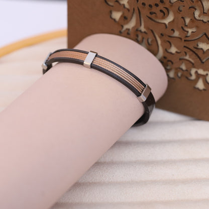 Men’s Black Stainless Steel Bracelet with Braided Copper Cable Inlay – Modern Industrial Cuff with Magnetic Clasp
