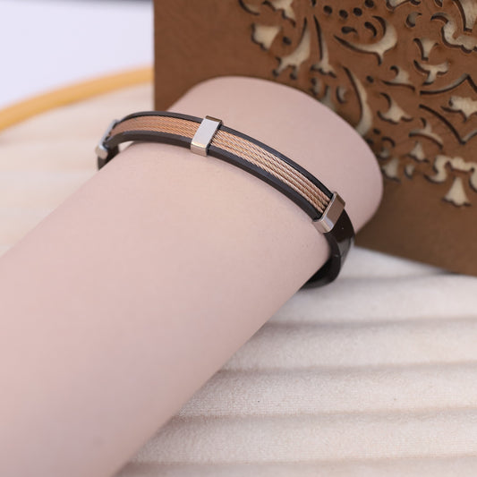 Men’s Black Stainless Steel Bracelet with Braided Copper Cable Inlay – Modern Industrial Cuff with Magnetic Clasp