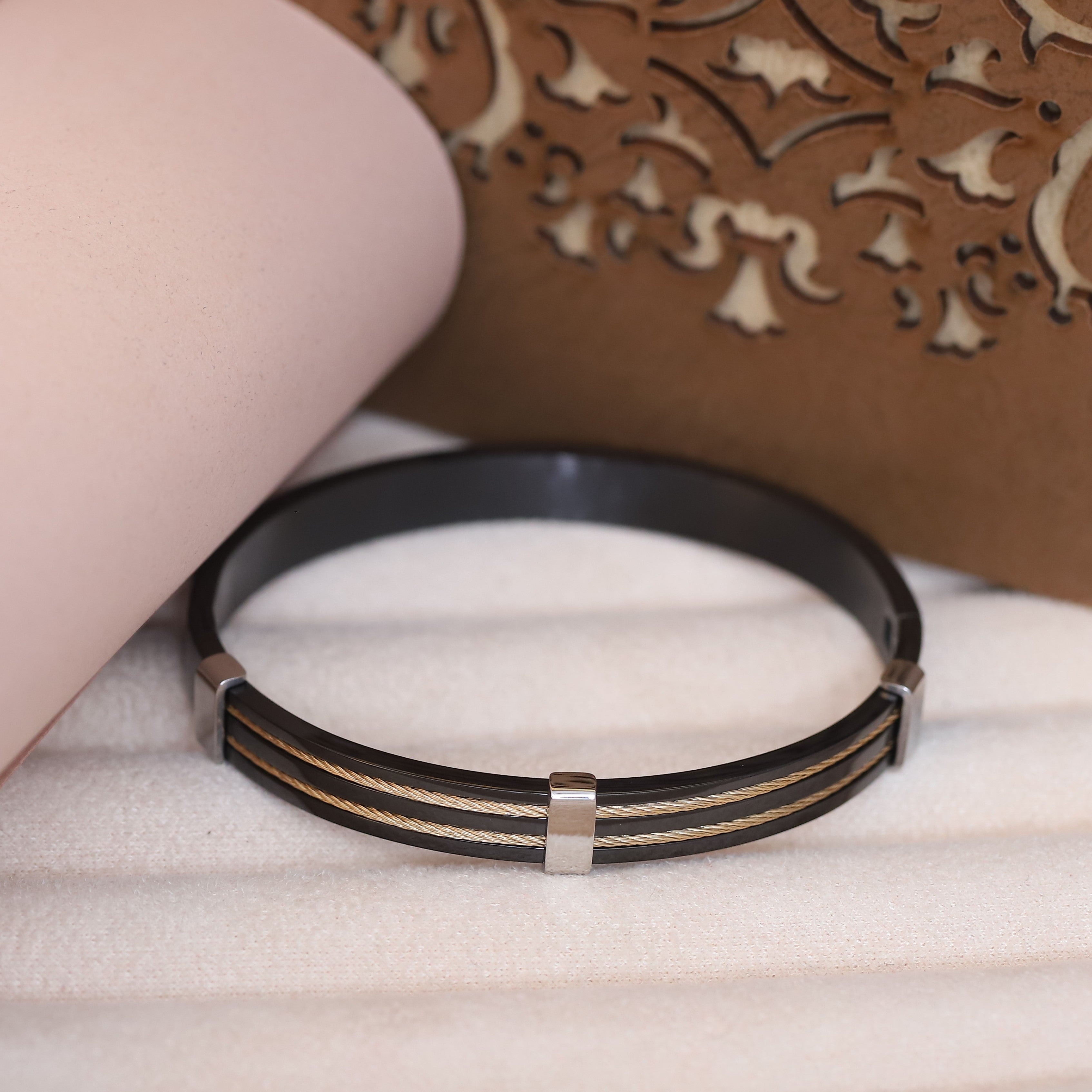 Luxury Men’s Black Bracelet with Dual Golden Cable Detailing and Silver-Tone Accents – Modern Designer Bangle Style for Stylish & Confident Look