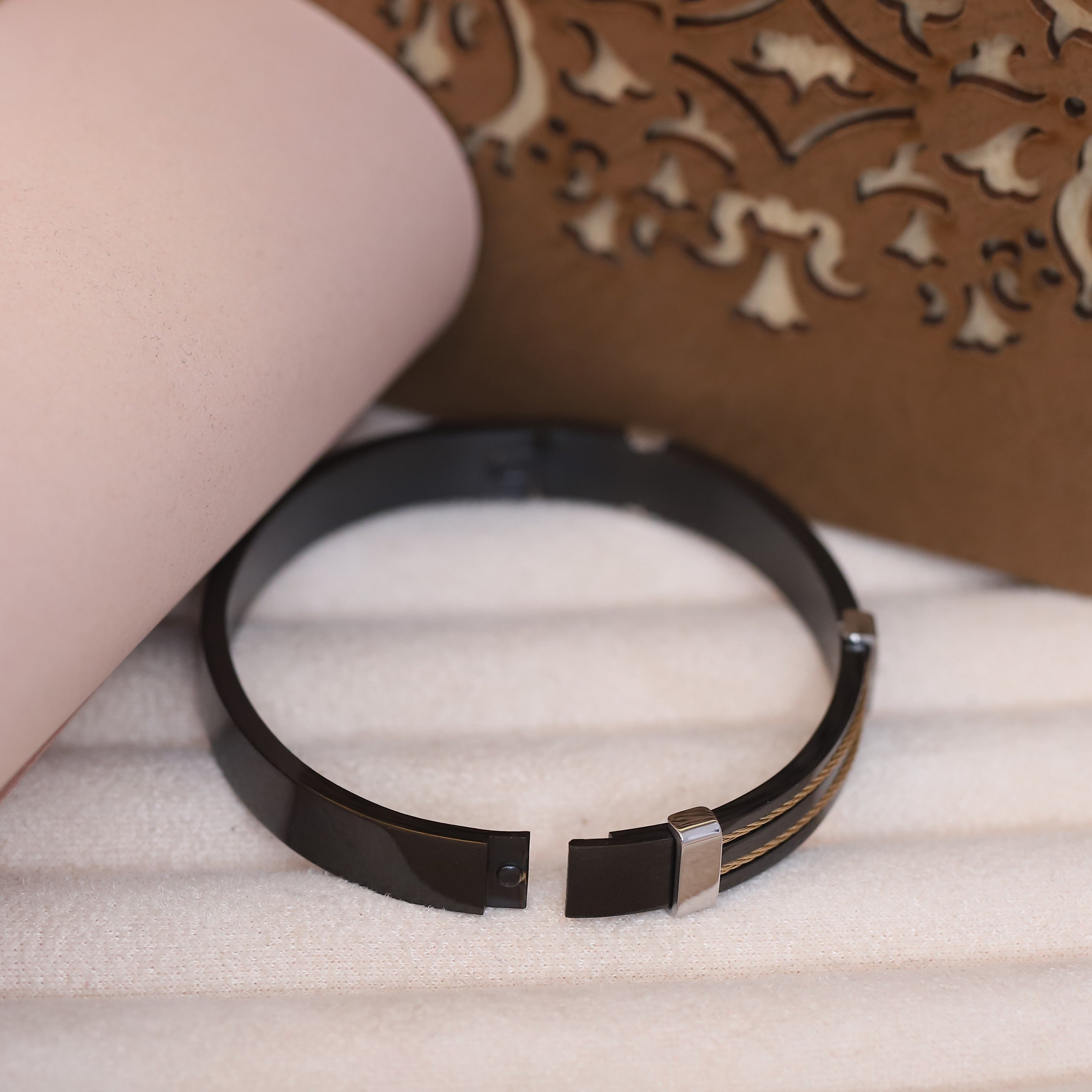 Luxury Men’s Black Bracelet with Dual Golden Cable Detailing and Silver-Tone Accents – Modern Designer Bangle Style for Stylish & Confident Look