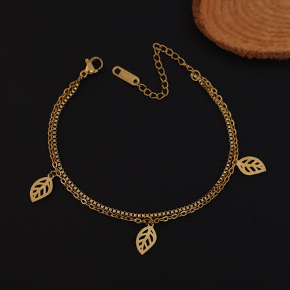 Leaf Charm Chain Bracelet Gold Plated – Double Layer, Anti-Tarnish, Waterproof, Minimalist Style (GOLD)