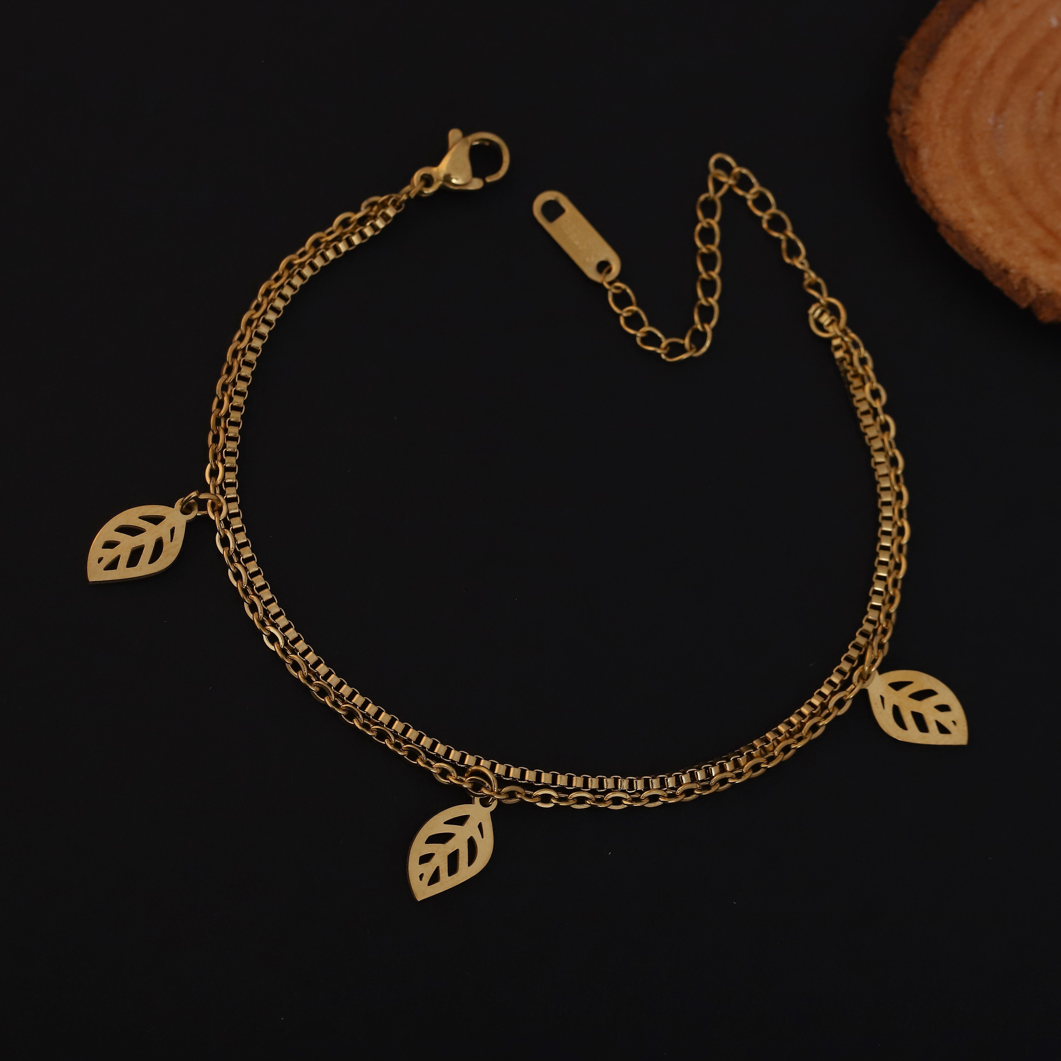 Leaf Charm Chain Bracelet Gold Plated – Double Layer, Anti-Tarnish, Waterproof, Minimalist Style (GOLD)