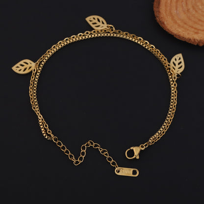 Leaf Charm Chain Bracelet Gold Plated – Double Layer, Anti-Tarnish, Waterproof, Minimalist Style (GOLD)