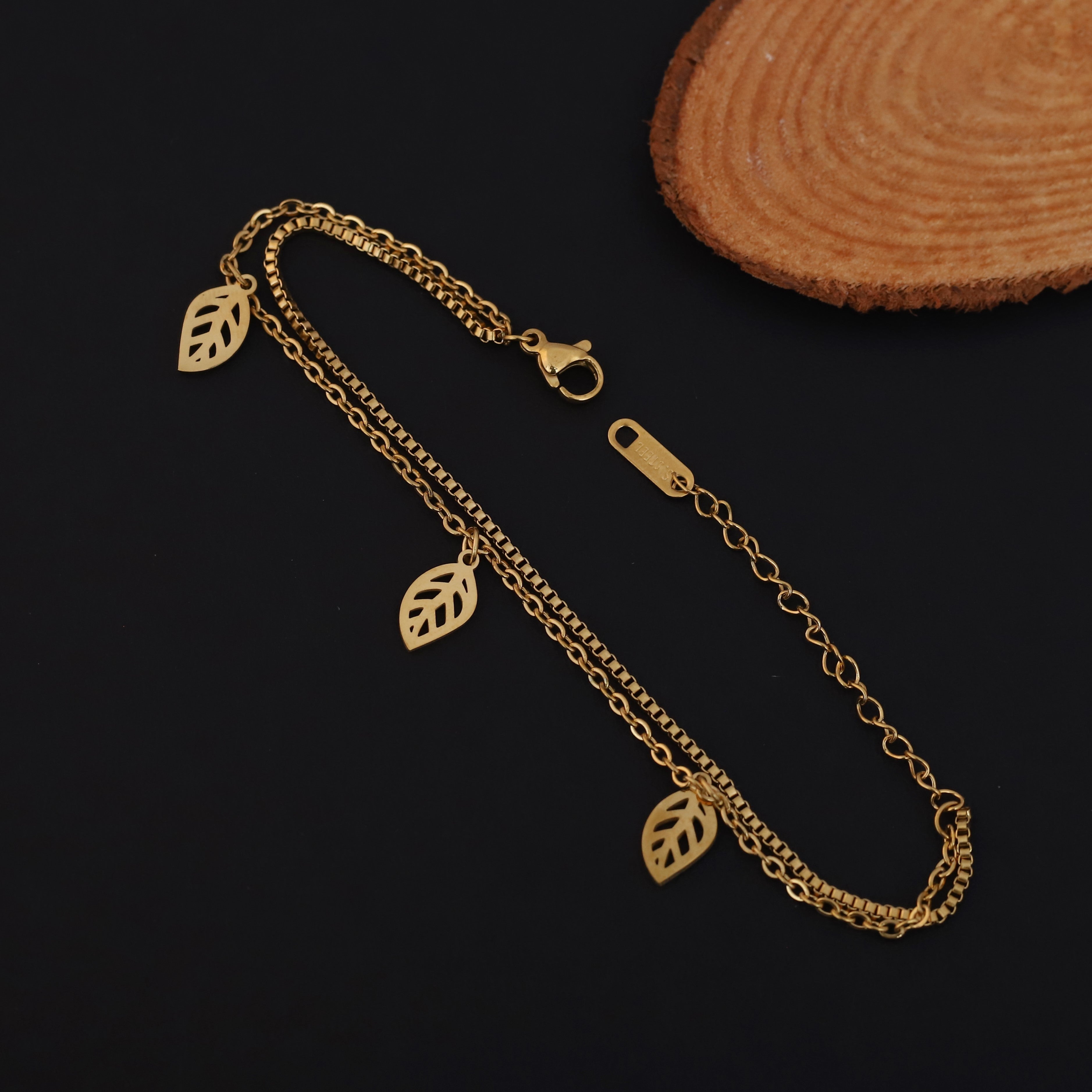 Leaf Charm Chain Bracelet Gold Plated – Double Layer, Anti-Tarnish, Waterproof, Minimalist Style (GOLD)