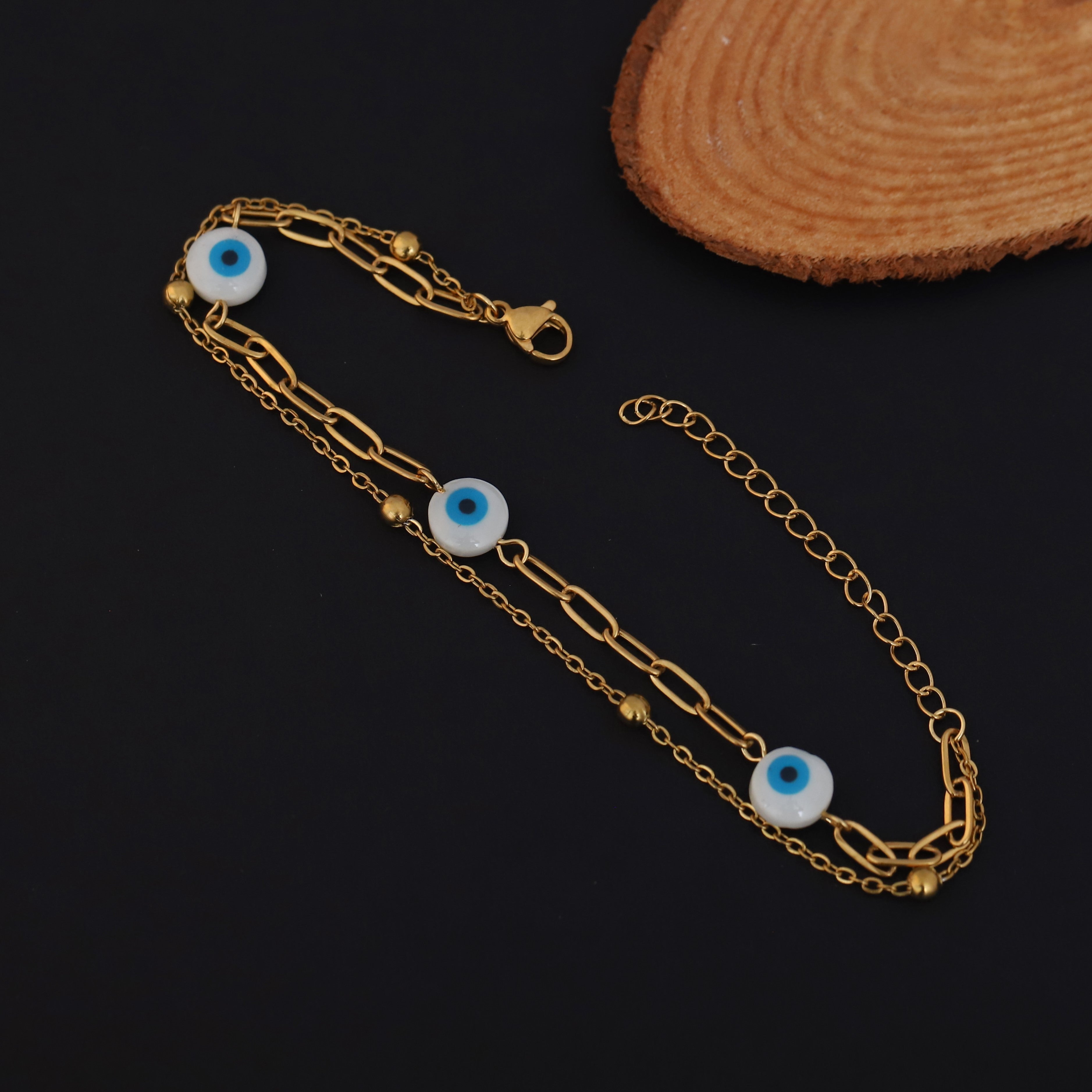 Evil Eye Charms Chain Bracelet Gold Plated – Double Layer, Anti-Tarnish, Waterproof, Minimalist Style (GOLD)