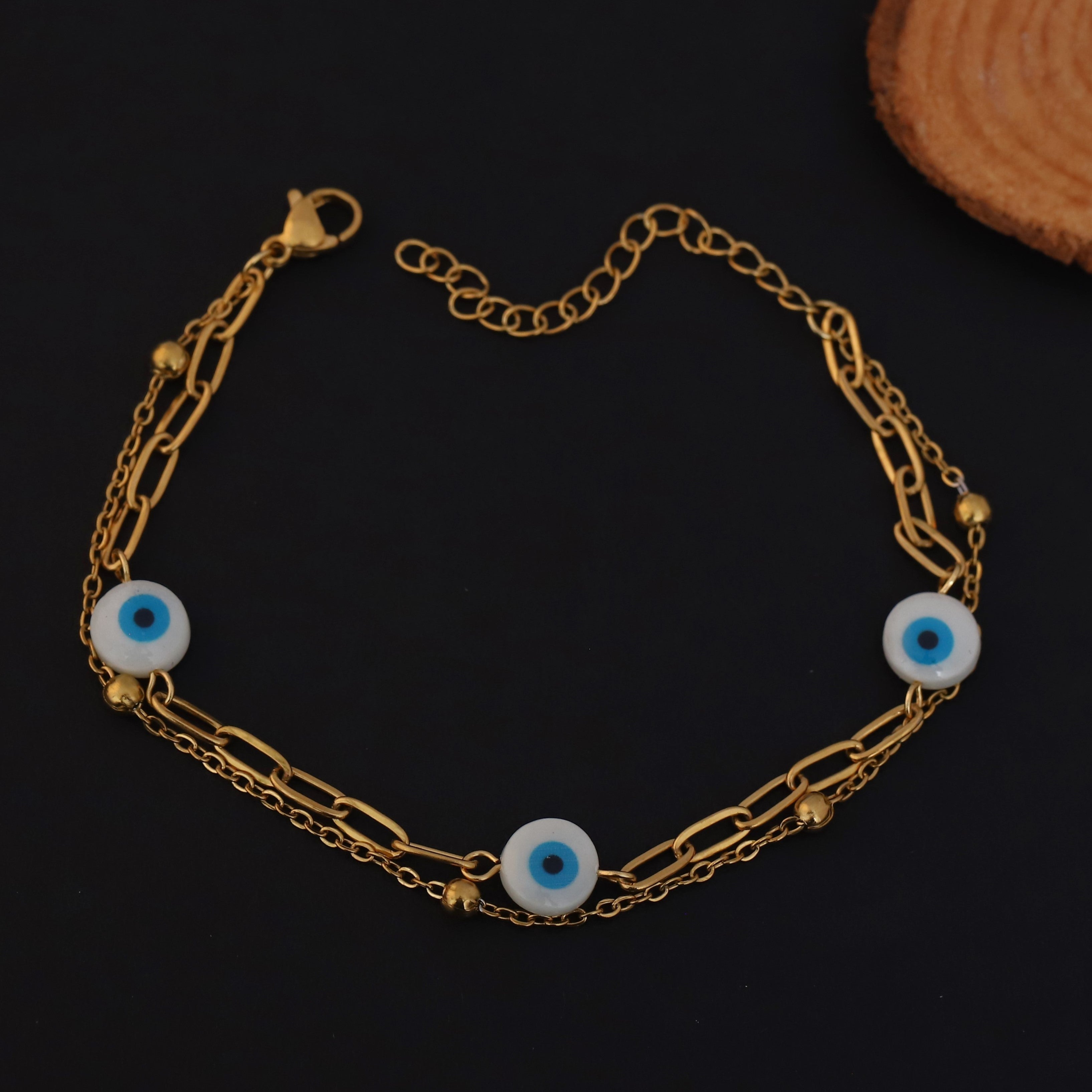 Evil Eye Charms Chain Bracelet Gold Plated – Double Layer, Anti-Tarnish, Waterproof, Minimalist Style (GOLD)