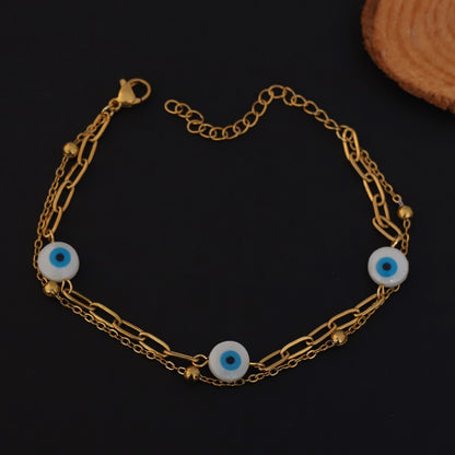 Evil Eye Charms Chain Bracelet Gold Plated – Double Layer, Anti-Tarnish, Waterproof, Minimalist Style (GOLD)