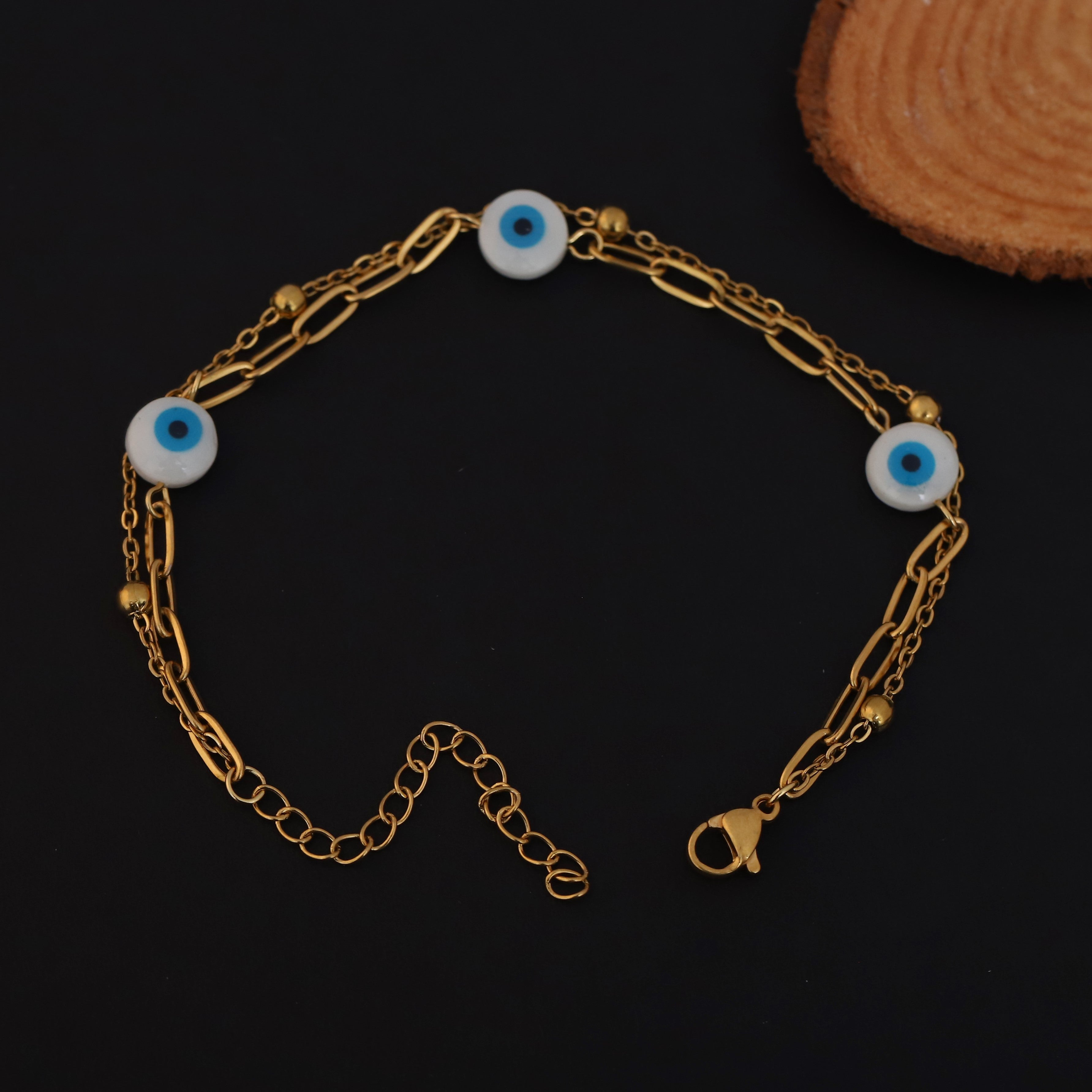 Evil Eye Charms Chain Bracelet Gold Plated – Double Layer, Anti-Tarnish, Waterproof, Minimalist Style (GOLD)