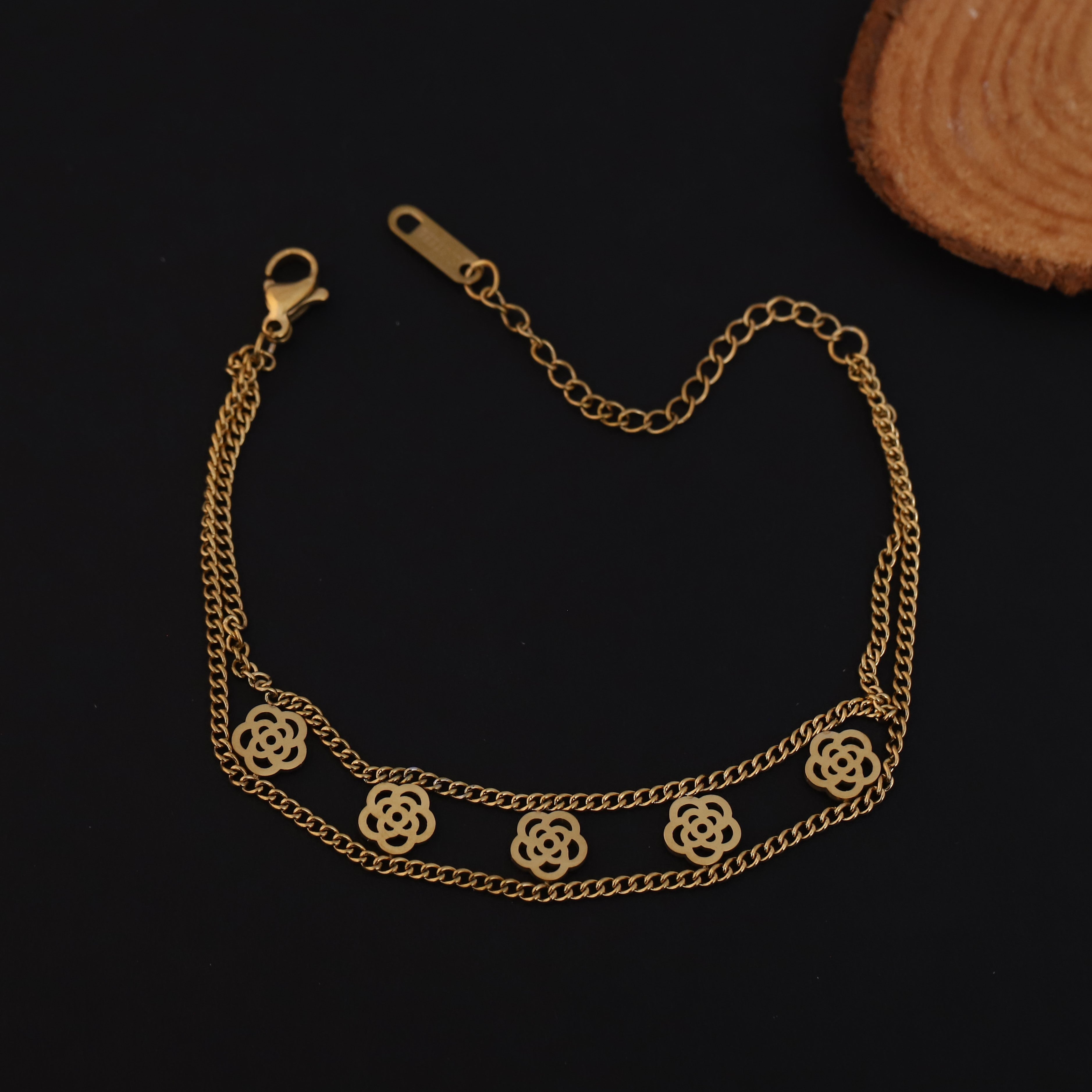 Rose Charms Chain Bracelet Gold Plated – Double Layer, Anti-Tarnish, Waterproof (GOLD)