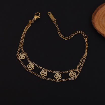 Rose Charms Chain Bracelet Gold Plated – Double Layer, Anti-Tarnish, Waterproof (GOLD)