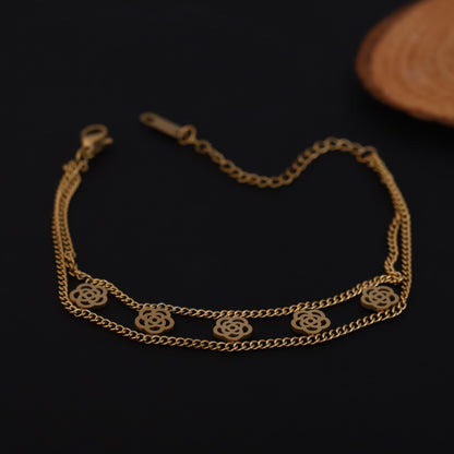Rose Charms Chain Bracelet Gold Plated – Double Layer, Anti-Tarnish, Waterproof (GOLD)